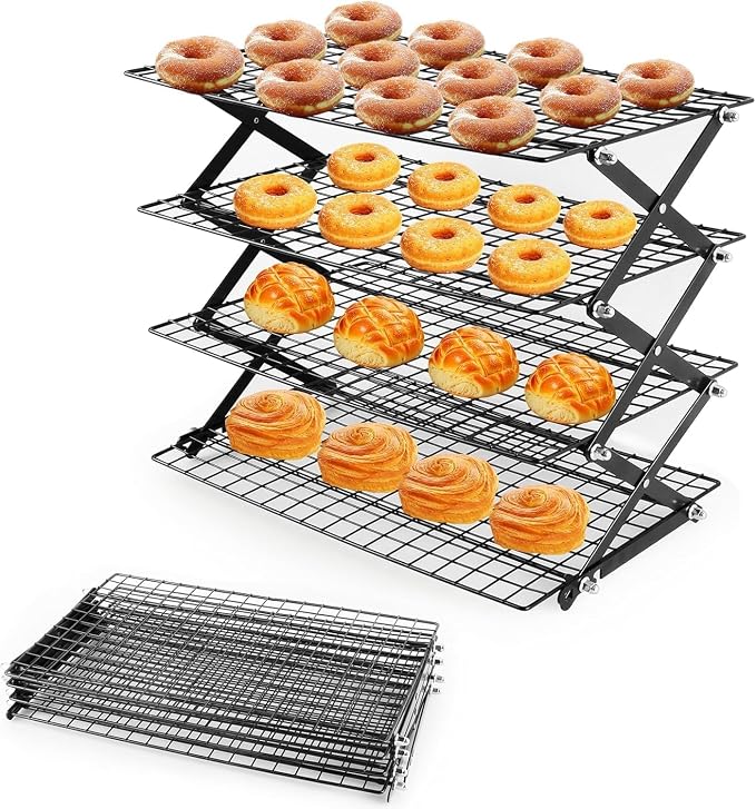 Collapsible Cooling Rack, Adjustable Stainless Steel Drying Rack (FOLD-4-TIER) | X-Shaped Structure Wire Cooling Rack for Baking, Cookies, Cake, Fruit, Bread,Roasting, Grilling, Drying Rack, Dishwasher Safe