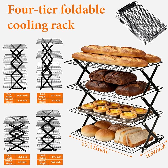 4 Tier Collapsible Cooling Rack，3 Setting Design, Adjustable ＆ Stackable Baking Rack, for Baking, Cookies, Bread, Gifts for Baking Must Haves