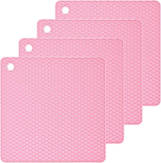 Silicone Trivets Mats Square Silicone Rubber Pot Holder Trivet Mat for Hot Pan and Pot Hot Pads Counter Mat Heat Resistant Tablemat or Placemats 4 Pack,Size:7.5x7.5 Inch, Color: Pink