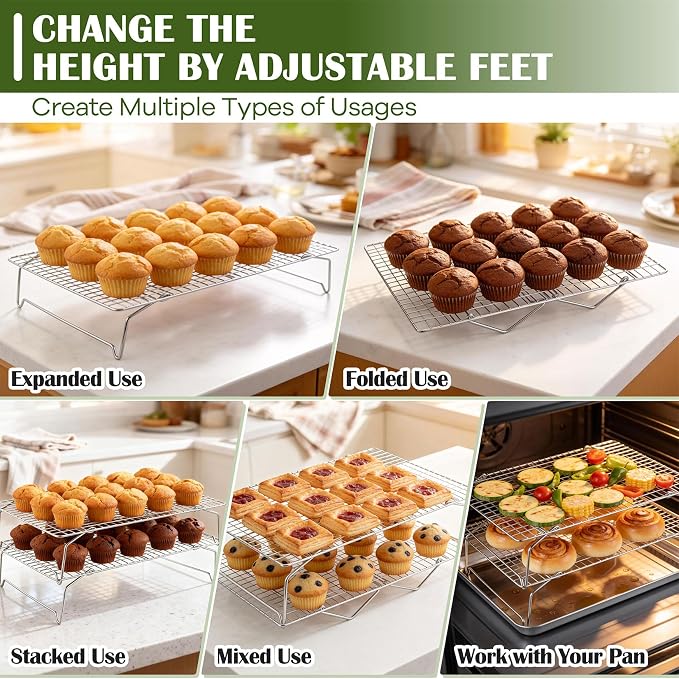 P&P CHEF 3 Tier Stackable Cooling Racks for Cooking and Baking, 15" x 10" | Stainless Steel Stackable Grid Cooling Rack for Cooling Roasting Grilling, Collapsible & Heavy Duty, Oven & Dishwasher Safe
