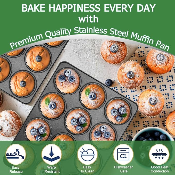 Herogo 12-Cup Nonstick Muffin Pan Tin for Baking, Metal Nonstick Cupcake Tray Set for Making Egg Muffin Quiches, Mini Brownie, Easy to Clean & Quick Release, Oven & Dishwasher Safe, Black