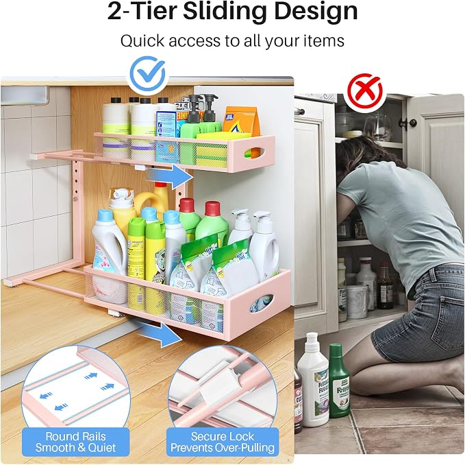 Under Sink Organizer, 2 Pack 2 Tier Pull Out Under Cabinet Organizer Shelf with Pad for Framed Cabinets, Metal Slide Out Under Sink Storage, Mesh Sliding Drawers for Kitchen Bathroom Laundry, Pink