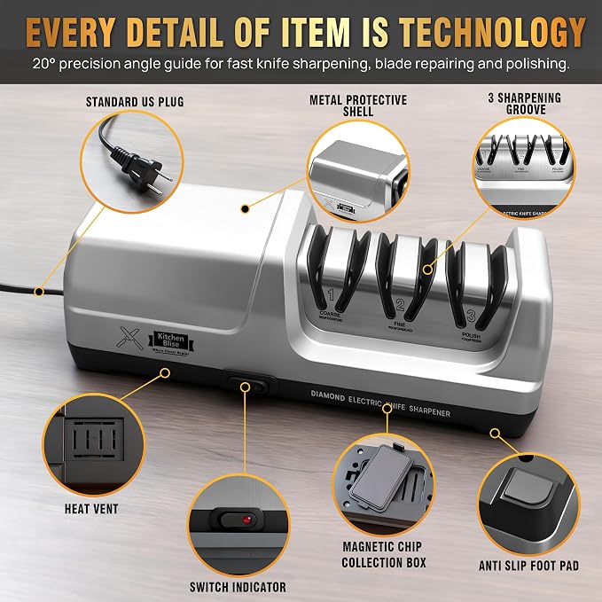 Electric Knife Sharpener for Kitchen—Fast Sharpening to Restore and Polish Chef Straight and Serrated Knives with 3 Stages & 20° Angle System with Metal Dust Box