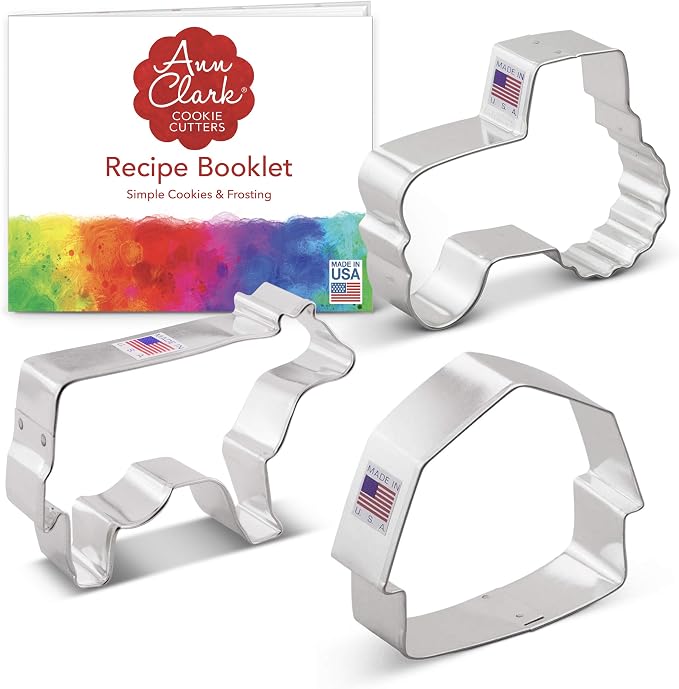Ann Clark 3-Pc. Country Farm Cookie Cutter Set, Made in USA, Barn, Large Cow, Large Tractor
