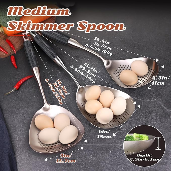 Skimmer Slotted Spoon - 304 Stainless Steel Mesh Strainer Spoon - 15in Large Slotted Pasta Spoon with Wooden Handle - Colanders & Food Strainers Spoon for Kitchen Cooking Draining and Frying