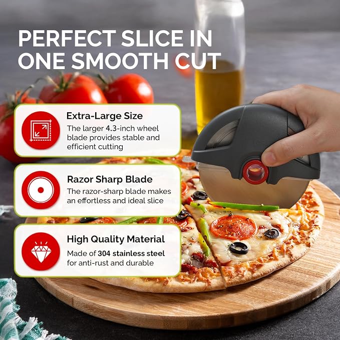 UHIYEE Palm-Grip Pizza Cutter Wheel with Protective Blade Guard, 4.3" Detachable Stainless Steel Pizza Slicer for Deep Dish Crusts, Easy Cleaning, Gray