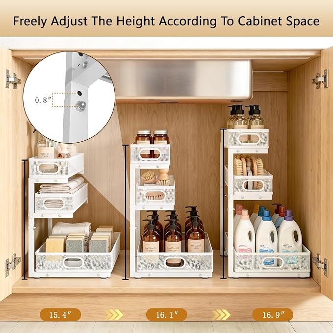 Under Sink Organizer, 2-Pack 3-tier Under Sink Storage Organizer Adjustable Height Easy Assembly Pull Out Cabinet Organizers Basket for Bathroom Kitchen Pantry Home Organization