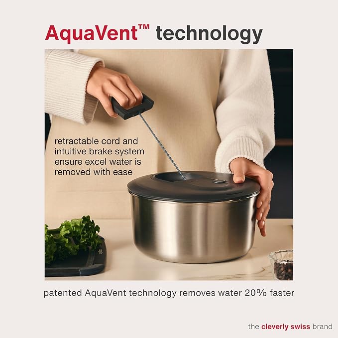 Zyliss Easy Spin Salad Spinner Stainless Steel Small, Non-Slip Base, Serving Bowl, AquaVent™ Technology, Retractable Cord and Brake System, Easy to Clean
