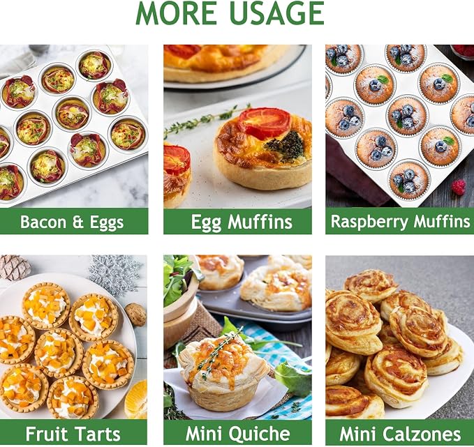 Herogo 12-Cup Stainless Steel Muffin Pan Tin for Baking, Metal Cupcake Tray Set for Making Egg Muffin Quiches, Mini Brownie, Easy to Clean & Quick Release, Oven & Dishwasher Safe