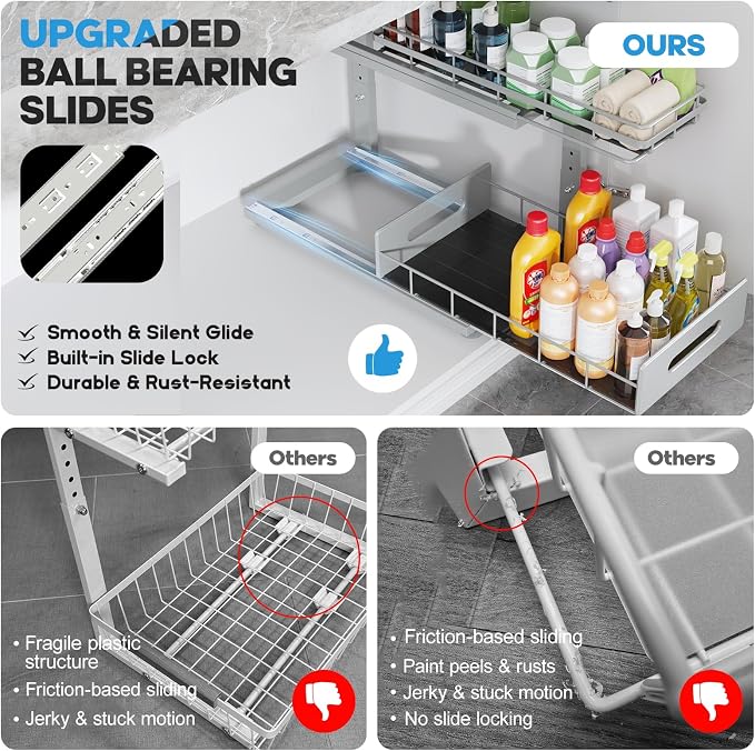 Under Sink Organizer Upgrade To Professional Rails,2-Tier Dual Pull Out Cabinet Storage,Height Adjustable Slide Out Drawers For Bathroom Kitchen,2 Pack-18.5"Dx12.8"-16.9"H,Gun Gray