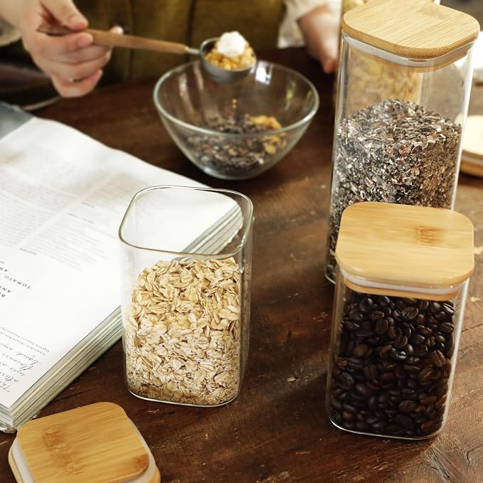 LIBWYS 8-Pack Square Glass Storage Jars with Bamboo Lids (0.6Qt/1.06Qt) | Stackable Dry Food Containers for Pantry Organization, Coffee, Flour, Snacks, Tea, Sugar | Kitchen Canisters Set