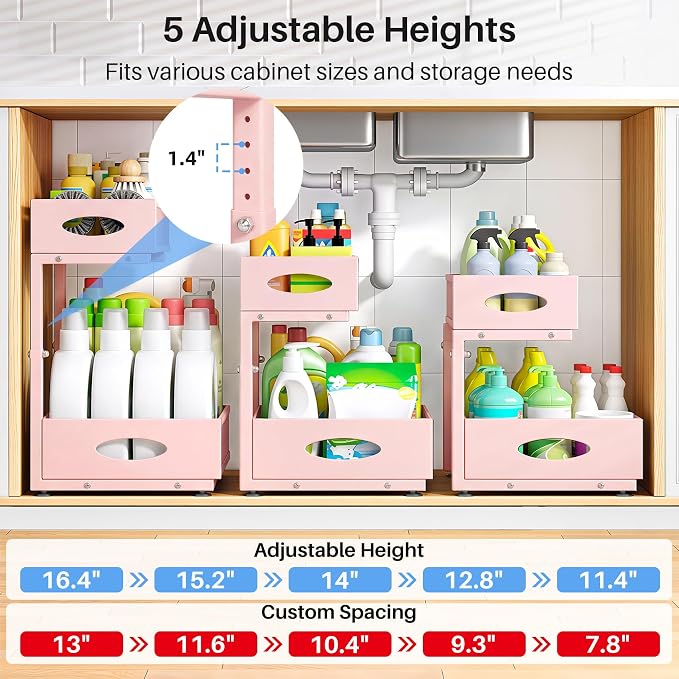 Under Sink Organizer, 2 Tier Pull Out Under Cabinet Organizer Shelf with Pad for Framed Cabinets, Metal Slide Out Under Sink Storage, Mesh Sliding Drawers for Kitchen Bathroom Laundry(Pink, 1 Pack)