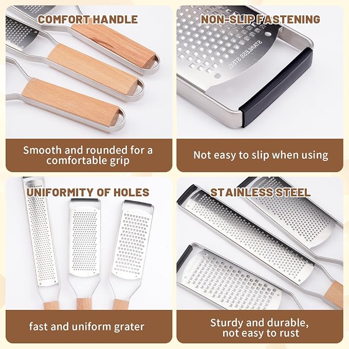 SHIKORI Professional Cheese Graters for Kitchen Stainless Steel Handheld, Metal Lemon Zester Grater With Wood Handle For Cheese, Chocolate, Spices, Kitchen Gadgets And Tools-Longboard