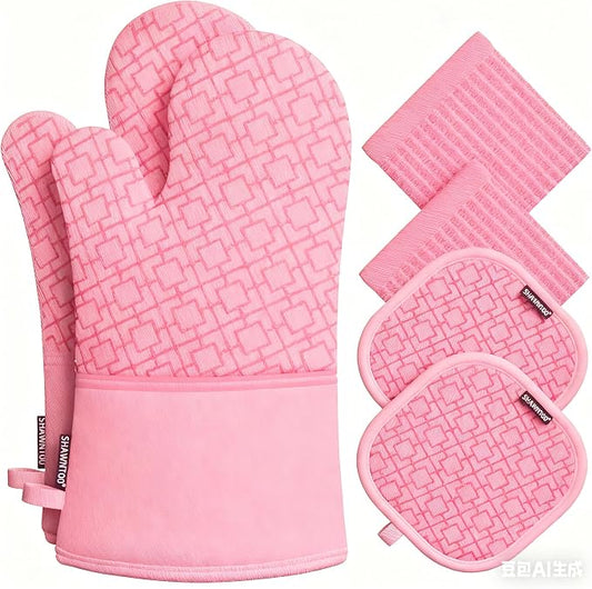 Oven Mitts and Pot Holders Sets 6pcs, Kitchen Oven Glove,High Heat Resistant 550 Degree Extra Long Oven Mitts and Potholders with Non-Slip Silicone Surface for Home Essentials (Grey) (Blush Pink)