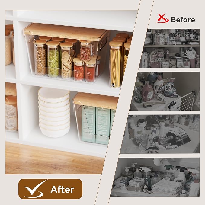 3 Set Pantry Organizers and Storage with Bamboo Lids, Stackable Clear Bins for Onion, Potato, Fruit, Vegetables, Trash Bag Dispenser, Kitchen and Under Sink Organizer