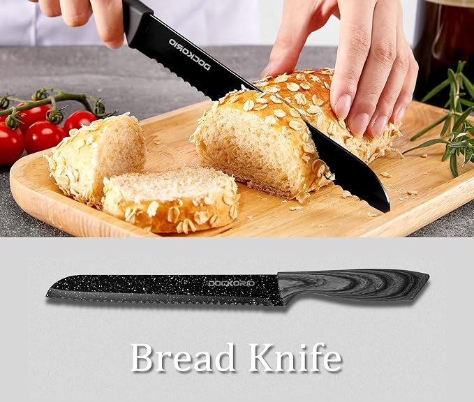 all in one Kitchen Knife Set with Block, 19 PCS High Carbon Stainless Steel Sharp Serrated Steak Knives Set, Chef Knives, Bread Knife, Scissor, Sharpener,