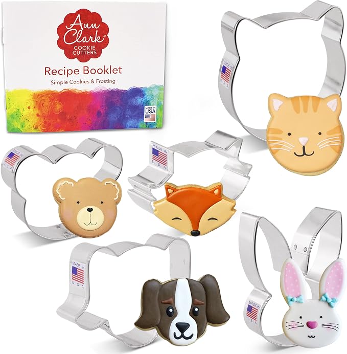Ann Clark Animal Faces Cookie Cutters 5-Pc. Set (Cat, Dog, Bear, Raccoon/Fox, Bunny) Made in USA