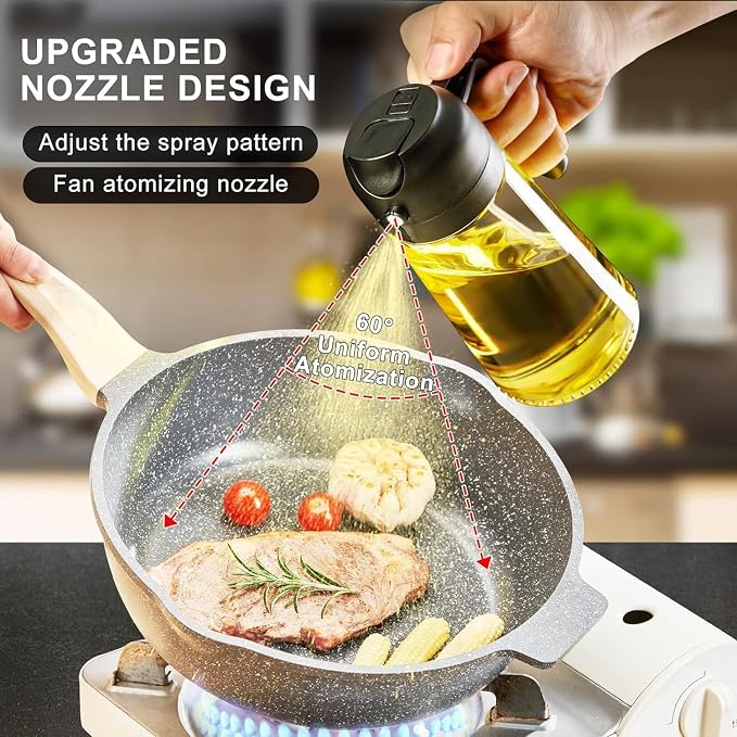 Oil Sprayer for Cooking 2 in 1, 470ml/16oz, Oil Spray & Dispenser Glass Bottle, Food-grade material for Kitchen, Salad Dressing, Frying, Air Fryer & BBQ (Black)
