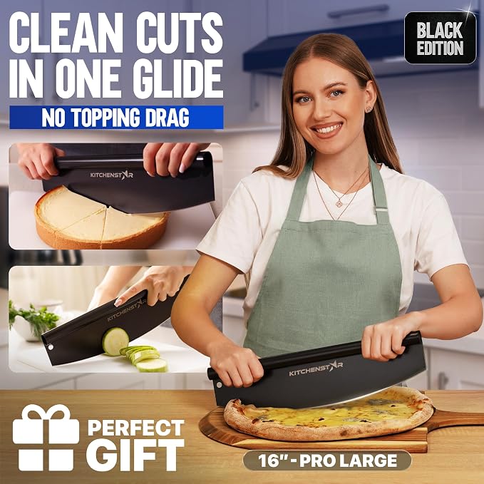 16-Inch Pizza Cutter Rocker Blade, 304 Stainless Steel Slicer Knife, Black | Protective cover included, one-piece design, food-grade stainless steel, suitable for large pizzas