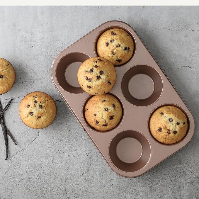 6 Cup Jumbo Muffin Pan Nonstick, PFOA & BPA Free | | Non-Toxic - High Carbon Steel - Gold - Large Cupcake Tin for Oven Baking