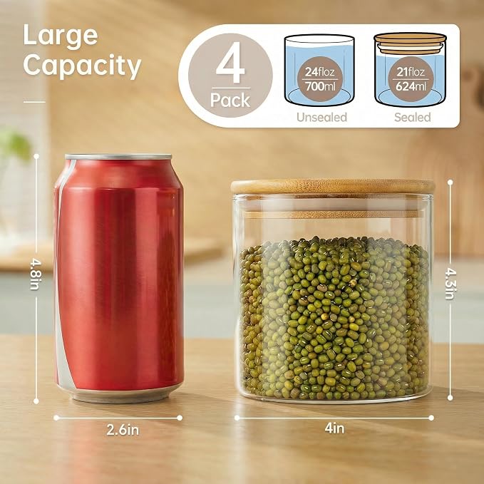 21 oz Glass Jars with Bamboo Lids, Airtight Food Storage Containers, 4 Pack | Round Small Pantry Jars for Spices, Nuts & Seeds , Durable Borosilicate Glass Canisters Keep Food Fresh, Easy to Fill & Clean