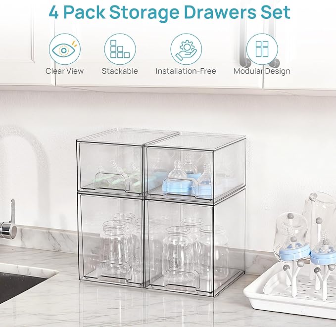 Vtopmart Clear Stackable Storage Drawers Set of 4, Baby Bottle Organizer | Multi-purpose Plastic Boxes Ideal for Kichen Countertop, Vanity, Bathroom, Cabinet, Pantry Organization