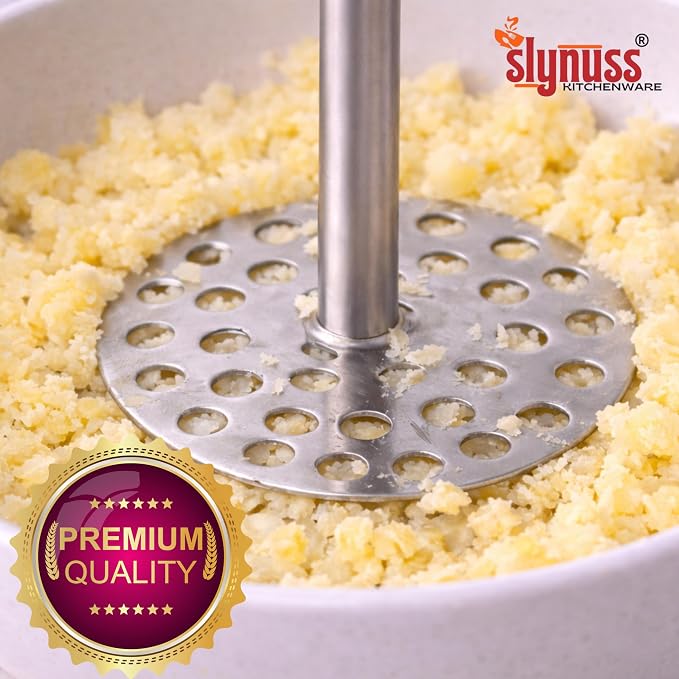 Slynuss ® | Potato Masher Stainless Steel | Pav Bhaji Smasher for Kitchen with Wooden Handle | Potato Smasher | kitchen utilities | Pack of 1| (Round-Size-3), 8.5 CM