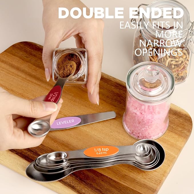 ChefAide Pack of 8 Stainless Steel Magnetic Measuring Spoons Set, Dual Sided, Stackable, Adjustable Teaspoon and Tablespoon Measure Spoon with Leveler, Kitchen Gadgets