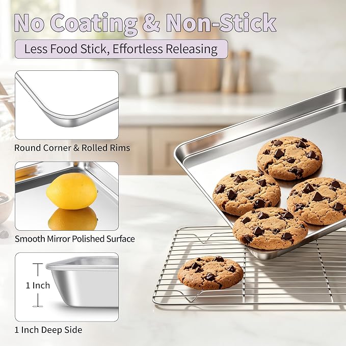 TeamFar Stainless Steel Toaster Oven Pan with Rack Set, 10.5"x 8"x 1" | 2 Pans + 2 Racks, Toaster Oven Baking Pan Tray with Cooling Rack for Cooking, Non-Toxic & Rust Proof, Dishwasher Safe