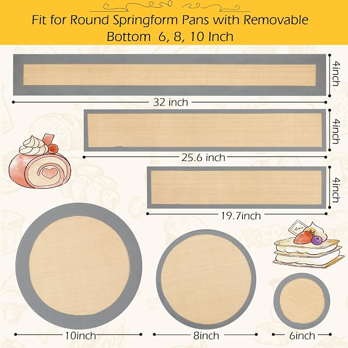 Honeydak 3 Set Silicone Baking Mat for 6, 8, 10 Inch Springform Pan Protector Nonstick Reusable Cake Pan Liners for Cheesecake Baking Prevent Sticking to Bottom & Side, Easy Release & Clean(Gray)