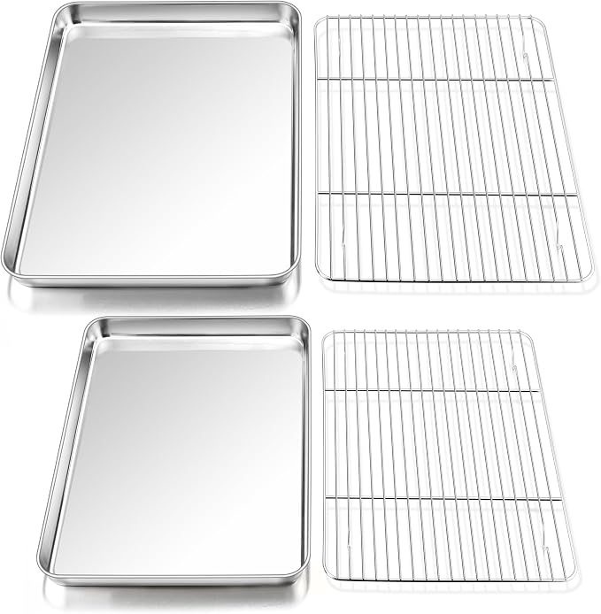 P&P CHEF 16 + 12.5 Inch Baking Sheet with Rack Set, Pans with Flat Racks | 2 Baking Sheets + 2 Cooling Wire Racks, Dishwasher & Oven Safe, Non-toxic & Lasting Use, Fit for Regular Oven