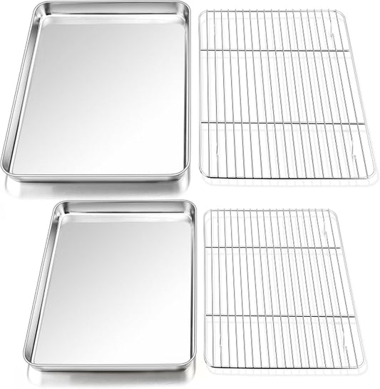 P&P CHEF 16 + 12.5 Inch Baking Sheet with Rack Set, Pans with Flat Racks | 2 Baking Sheets + 2 Cooling Wire Racks, Dishwasher & Oven Safe, Non-toxic & Lasting Use, Fit for Regular Oven