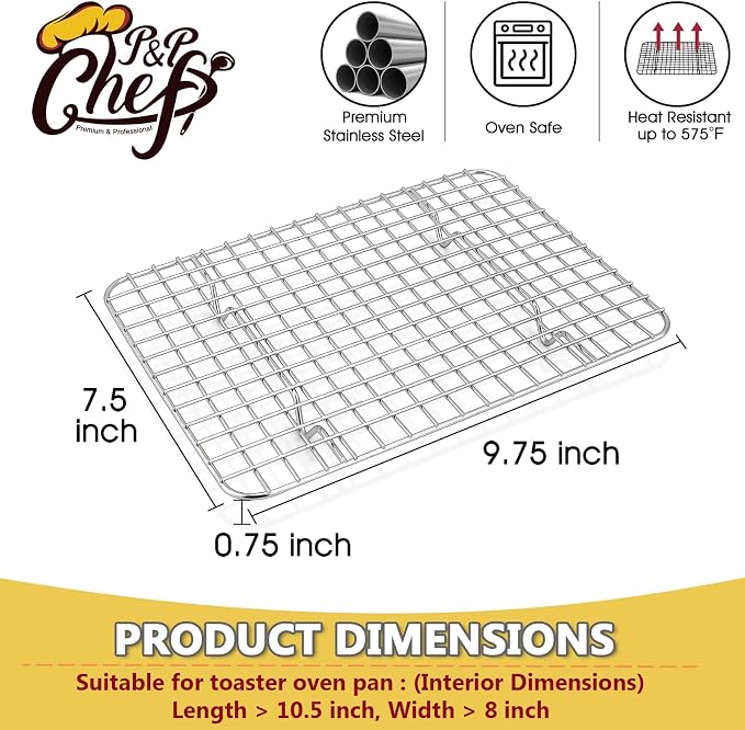 P&P CHEF 9.75 Inch Stainless Steel Cooling Baking Rack Set of 2 | Grid Cooking Racks for Griddle Roasting Grilling Warming, Good for Friends or Family, Oven & Dishwasher Safe, Heavy Duty