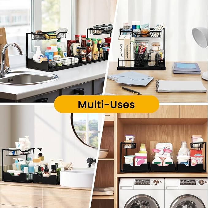 3 Pack, Under Sink Organizer 2-Tier with Slide Out Lower Drawer - Metal Pull Out Cabinet Organizer for Kitchen Bathroom, Includes Removable Center Basket & Storage Shelves, Space Saving Design