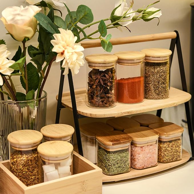 SHOWIN 6oz Glass Food Storage Jars, Glass Jars with Bamboo Lids, Kitchen Storage Jars, Set of 6, Canisters with Airtight Lids for Spice, Coffee, Cookie, Pantry Organizers