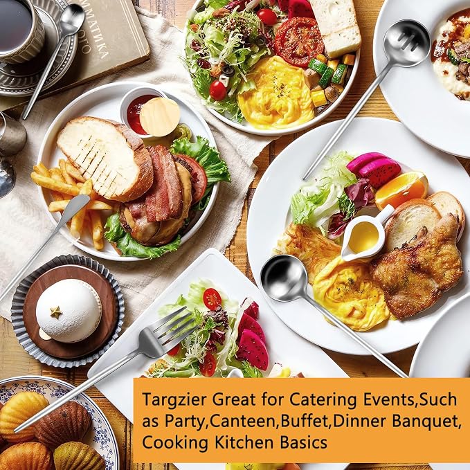 Large Serving Utensils Set,5 Pcs Stainless Steel Silver Serving Utensils with 10.8 Inch Serving Fork,10.3 Inch Serving Spoon,Slotted Serving Spoons,Sugar Spoons,Butter Knife for Party Buffet Banquet