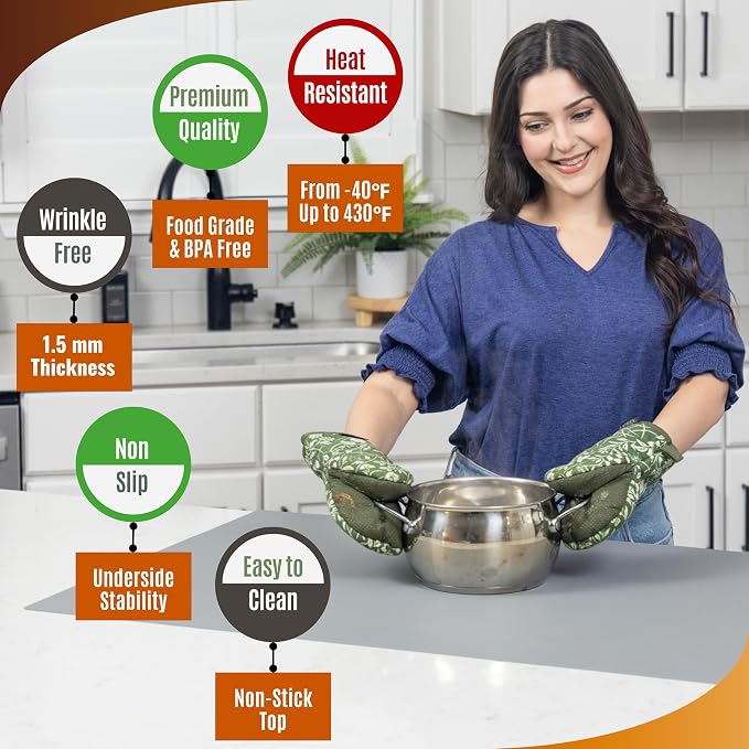 Extra Large Silicone Mat for Countertop with "Edge Protection" – Kitchen Counter Mat – Multipurpose Heat Resistant Silicone Mat – No Folds or Wrinkles – 1.5mm Thick, 36"x24", Gray