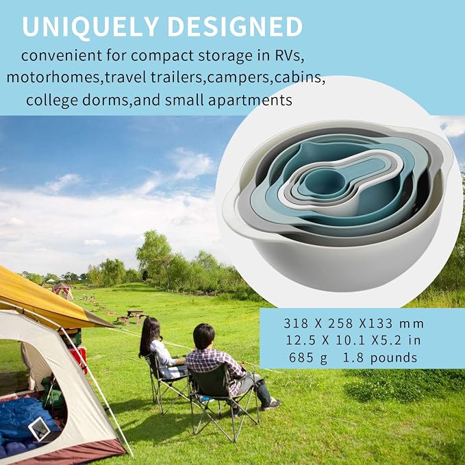Plastic Mixing Bowls, Multicolored, Set of 8, Rv Camping Accessories | Nest for Easy Storage, Inculding Measuring Cups, Colander, Sifter, Large Bowl, Great for Cooking and Baking, No BPA
