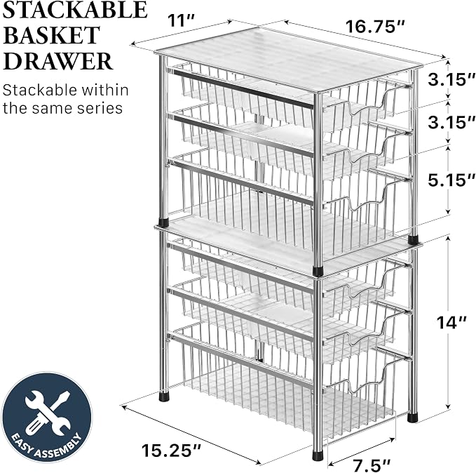 Simple Houseware Stackable 3 Tier Sliding Basket Organizer Drawer, Chrome