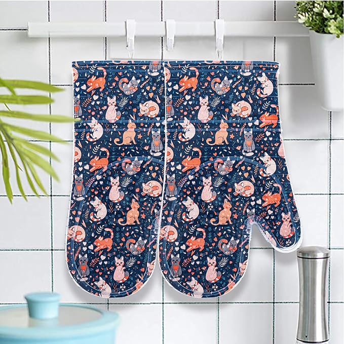 Oven Mitts Set of 2 with Transparent Clear Silicone Shell and Nice cat Printing Cotton Lining, Heat Resistant to 500 F Kitchen Oven Gloves Pot Holder for Cooking (Navy, Cat, Oven Mitts)