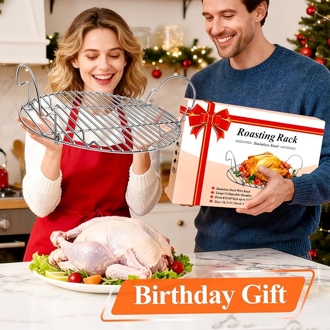 DePango 16.5inch Oval Roasting Rack for Oven, Thanksgiving Christmas Gifts for Mom Men Wife Cooking Home Chefs, Stainless Steel Cooling Rack with Handle, Wire Rack for Cooking, Grilling, Drying