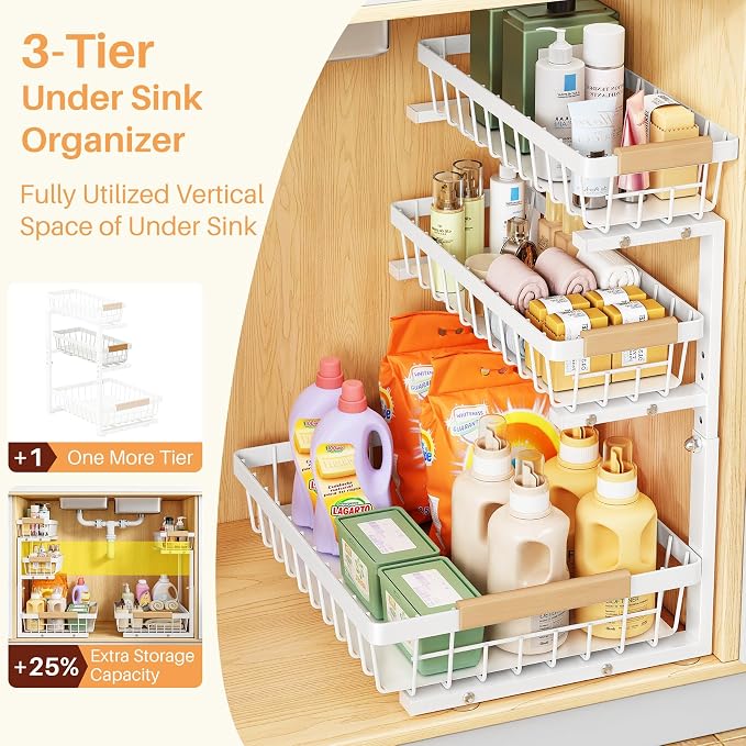 PXRACK Under Sink Organizer, 1-Pack 3-Tier Height Adjustable Thickened Metal Pull out Cabinet Organizer Shelf, Slide out Storage Drawer Rack for Bathroom Kitchen Pantry Home Organization, White