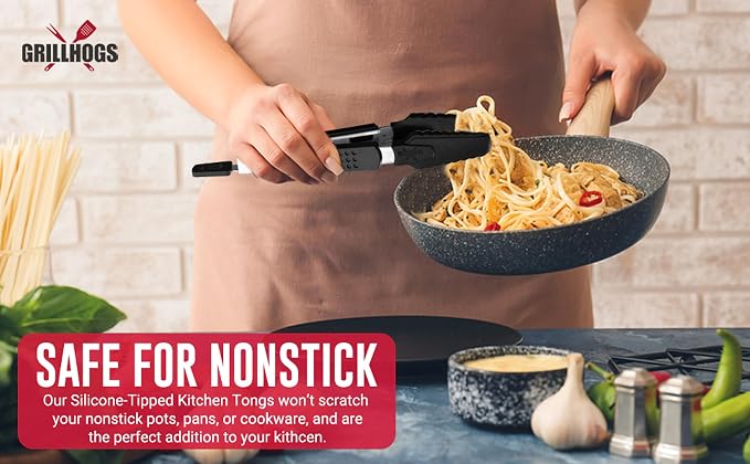 9-Inch Kitchen Tongs Your Everyday Tong for Cooking, Dishwasher Safe, Stainless Steel + Soft Touch Rubber Handle, Non-Stick Silicone Head, Premium Cooking Tongs