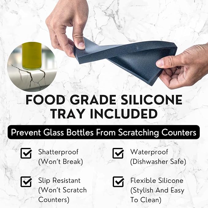Verspace - Clear Glass Olive Oil Dispenser Bottles For Kitchen With Silicone Tray - 2 Pack - 17oz Includes 40 Labels, Soy Sauce Dispenser, Coffee Syrup Dispenser, Olive Oil Bottles