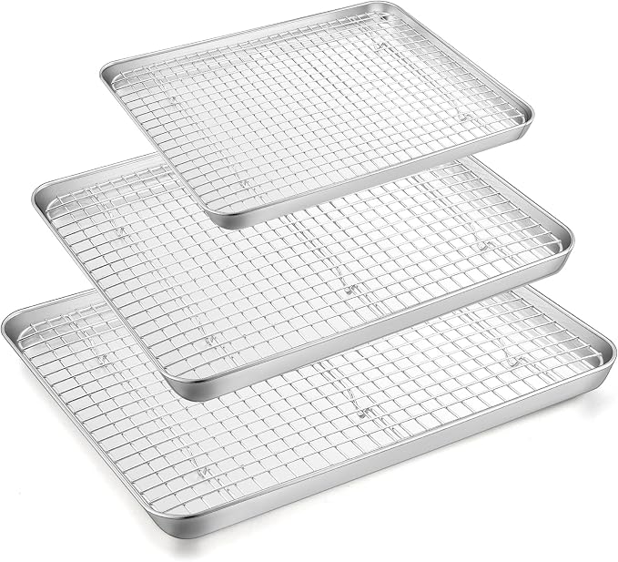 TeamFar Baking Sheet with Rack, Stainless Steel Sheet Pan-17.6/16/12.5 Inch | Cookie Sheets Baking Trays and Cooling Racks for Cooking, Non-Toxic & Heavy Duty, Dishwasher Safe, 6 PCS (3 Pans + 3 Racks)