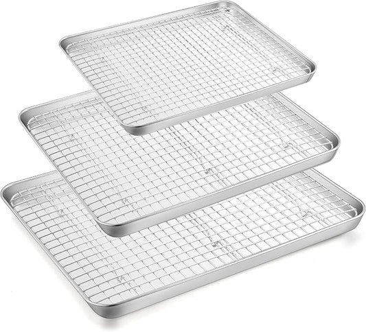 TeamFar Baking Sheet with Rack, Stainless Steel Sheet Pan-17.6/16/12.5 Inch | Cookie Sheets Baking Trays and Cooling Racks for Cooking, Non-Toxic & Heavy Duty, Dishwasher Safe, 6 PCS (3 Pans + 3 Racks)