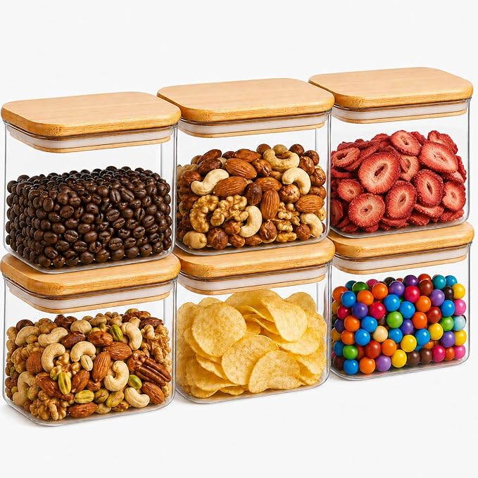 ComSaf Small Glass Containers With Lids 0.7 Qt, Set of 6 Glass Storage Jars | Rectangle Glass Pantry Storage Container, Kitchen Canisters 25oz, Snack Station Organization, Size For Subpackage, BPA Free