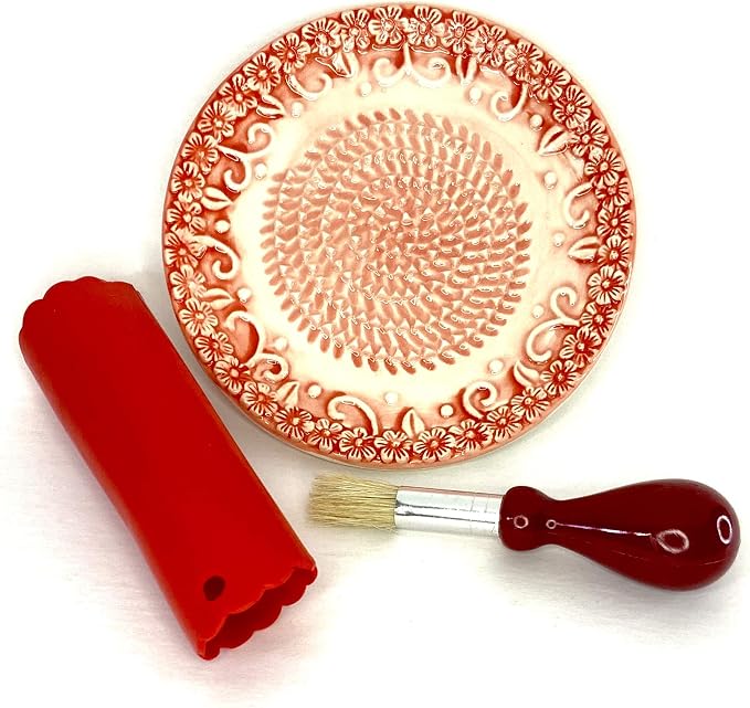 BonCera, All-in-one Premium Ceramic Garlic Grater Plate 4-Piece Set - Red Embossed Design and Style - For Garlic, Ginger, Chocolate, and more! - Comes with 5.25" Plate, Peeler, Brush, and Stand