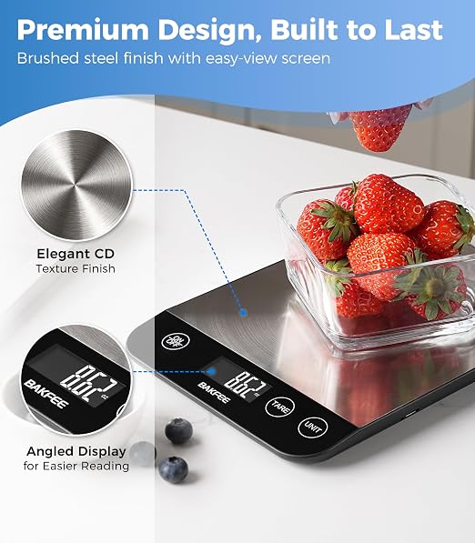 Food Scale, 33lb Rechargeable Kitchen Scale with Stainless Steel, Grams and Ounces, USB Charging, 1g High Accuracy for Baking, Cooking & Food Prep, Black, BK806