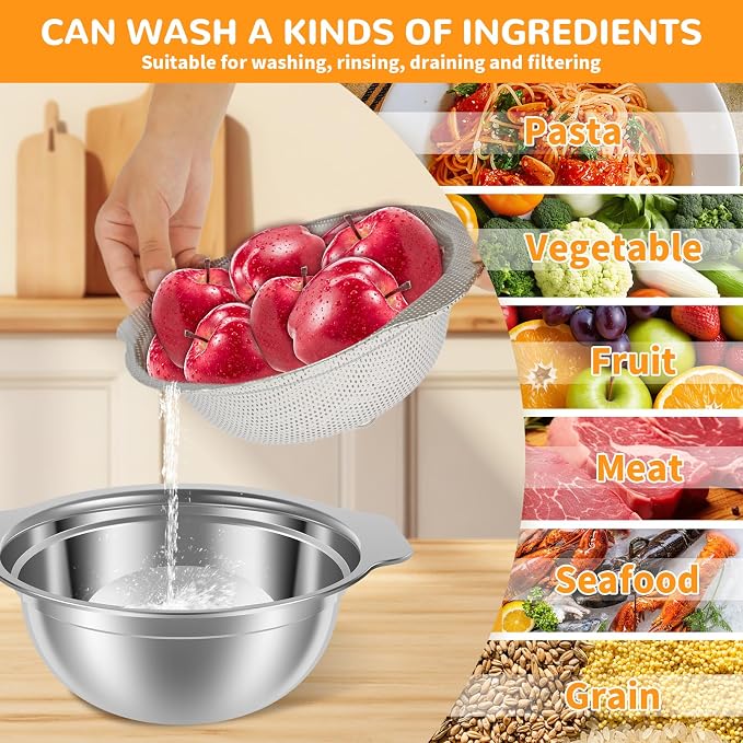 Stainless Steel Colander Microporous Strainers and Colanders with Mixing Bowl Sturdy Rice Strainer Multifunctional Colander Set for Washing and Draining Fruits Vegetables Cooked Pasta (2Pack)